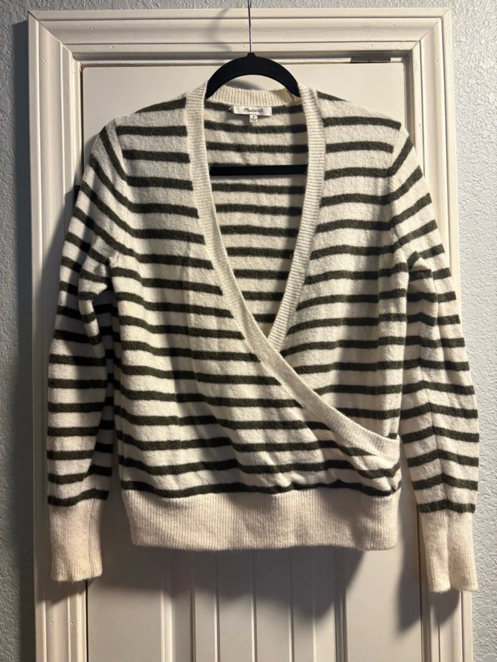 Madewell Wrap Sweater Women Size M Cream Green Striped Wool Alpaca Blend V-Neck